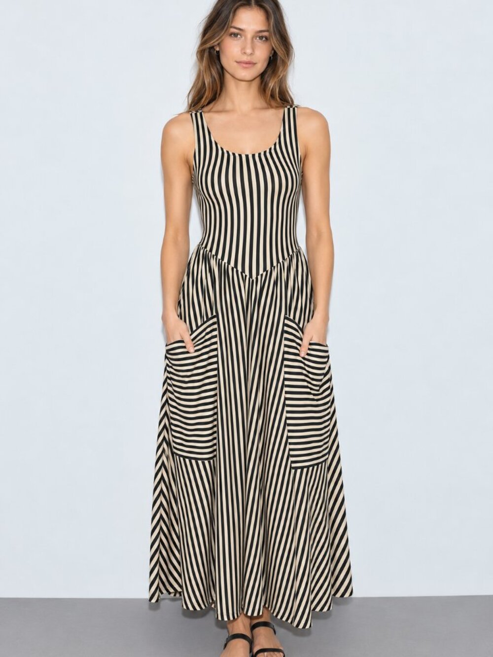 Fashion Brand Company Giant Pockets Maxi Dress Cream/Black Stripe Regular Medium